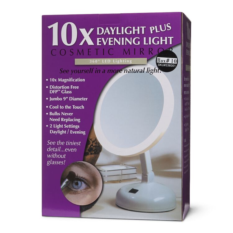 Floxite 10x Magnifying Vanity Mirror With 360 Degree Lighting Besides lighting, the mirror features one side with a standard normal mirror and the other side has a 10x magnifying mirror. 10x magnifying 360 degree lighted vanity mirror