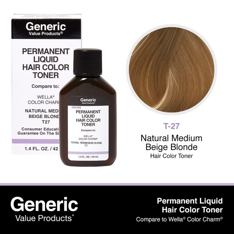 T27 Natural Medium Beige Blonde Permanent Liquid Hair Color Toner Compare to Wella® ColorCharm®