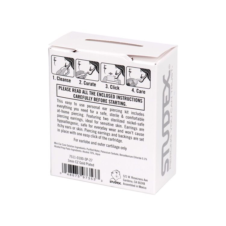 Personal Ear Piercing Kit 3mm CZ Gold Plated