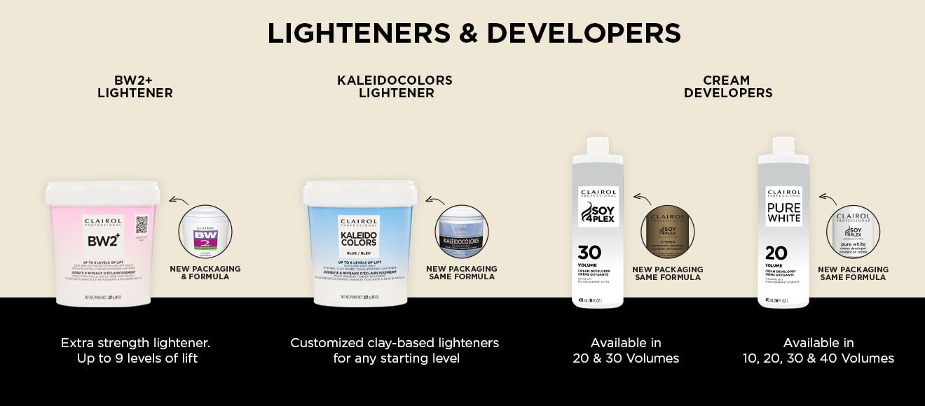 Lighteners - BW2+ Lightener. Extra Strength lightener. Up to 9 levels of lift. Kaleidocolors Lightener - Customized clay-based lighteners for any starting level.Developers. Cream Developers. Available in 20 & 30 volumes. Available in 10, 20, 30, & 40 volumes.