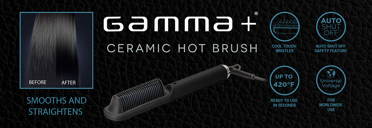 Gamma+ ceramic hot brush. Smooths and straightens. Cool touch bristles, auto shut off battery feature, up to 420 degrees farenheit, ready to use in seconds, universal voltage for worldwide use.