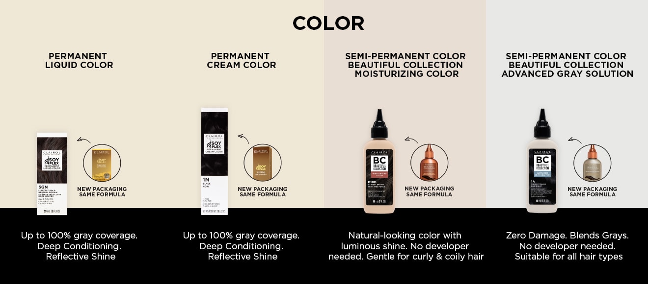 Color - Permanent Liquid and Cream Color. Up to 100% gray coverage. Deep Conditioning. Reflective Shine.Color - Semi-Permanent color beautiful collection moisturizing color and advanced gray solution. Natural-looking color with luminous shine. No developer needed. Gentle for curly & coily hair. Zero Damage. Blends Grays. No developer needed. Suitable for all hair types.