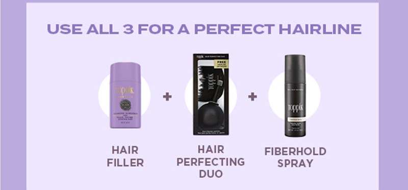 Use all 3 for a perfect hairline. Hair Filler + Hair Perfecting Duo + Fiberhold Spray