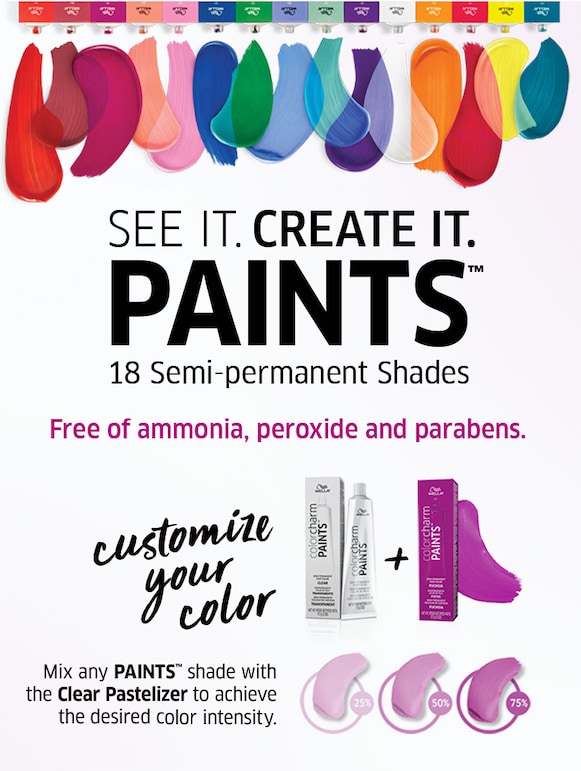 See it, create it. Paints. 18 semi-permanent shaes. Free of ammonia, peroxide, and parabens. Customize your color. Mix any Paints shade with the Clear Pastelizer to achieve the desired color intensity.