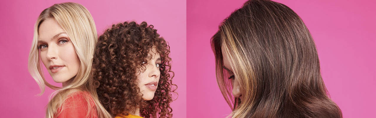 Image One: a woman with blonde straight hair standing back to back with a woman with warm brown curly hair, Image Two: Woman with brown straight hair looking downwards.