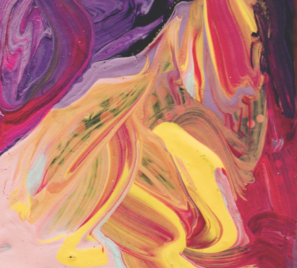 Image of a canvas swirled with purple, red, yellow, pink, green, and black paint in a marbling pattern
