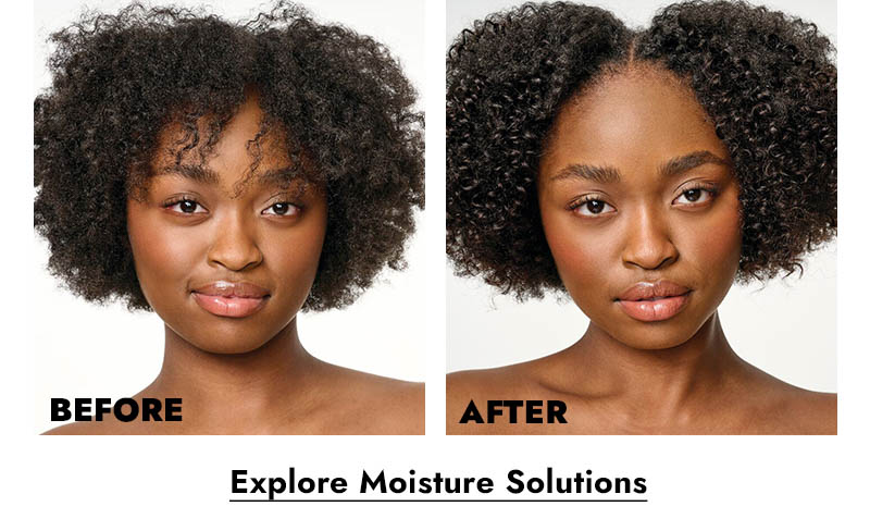 Before and After - Explore Moisture Solutions. Person with short jaw length, coily and dark brown hair. Before: hair is frizzy and coils are not defined. After: hair is shiny and perfectly parted down the center. Coils are defined well.