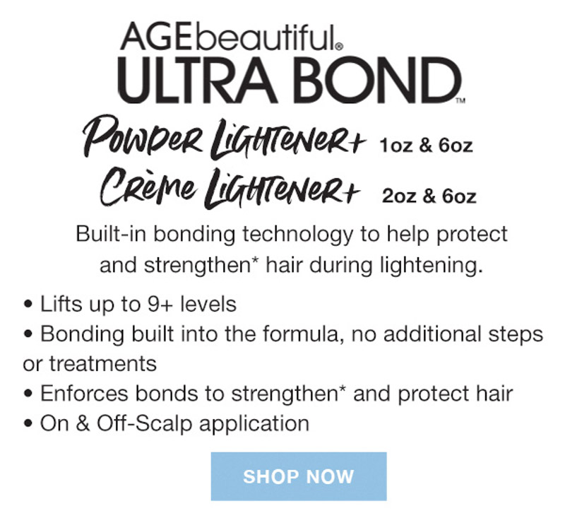 AGEbeautiful. ULTRA BOND PONDeR liGHTeNeR CRème LiGHTeNeR. Built-in bonding technology to helo protect and strengthen* hair during ligntening. Lifts up to 9+ levels. Bonding built into the formula, no additional steps or treatments. Enforces bonds to strenathen* and protect hair. On & Off-Scalp application