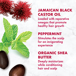 Jamaican Black Castor Oil is loaded with reparative omegas that promote healthy hair growth. Peppermint stiumlates the scap for an invigorating experience. Organic Shea Butter deepl moisturizes while conditioning hair and scalp.