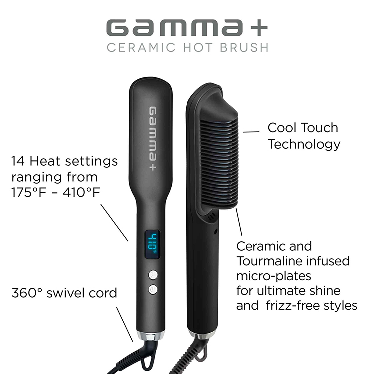 Gamma+ Ceramic Hot Brush. 14 heat settings ranging from 175 degrees to 410 degrees fahrenheit, 360 degree swivel cord, cool touch technology, ceramic and tourmaline infused micro-plates for ultimate shine and frizz-free styles.