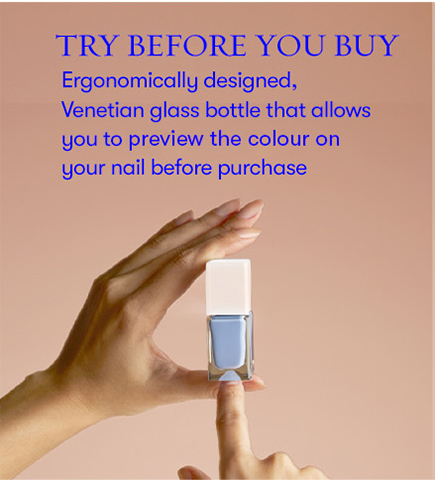 Trey before you buy. Ergonomically designed, venetian glass bottle that allows you to preiew the colour on your nail before purchase.
