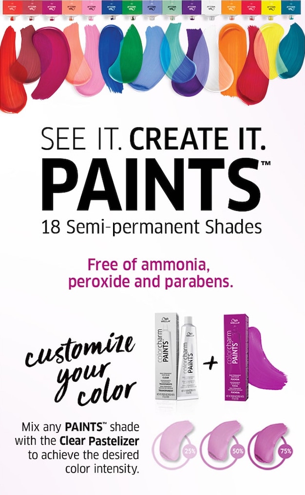 See it, create it. Paints. 18 semi-permanent shaes. Free of ammonia, peroxide, and parabens. Customize your color. Mix any Paints shade with the Clear Pastelizer to achieve the desired color intensity.