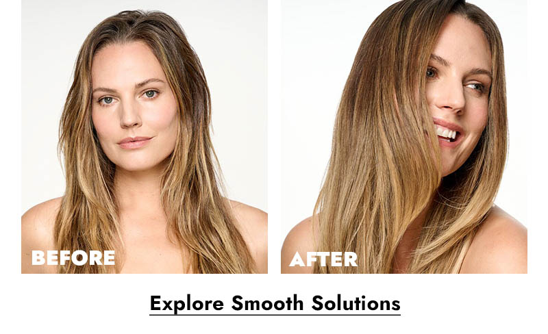 Before and After - Explore Smooth Solutions. Person with long bronde to blonde ombre. Before: hair is texturized. After: hair is very smooth and sleek