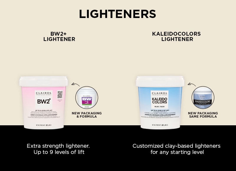 Lighteners - BW2+ Lightener. Extra Strength lightener. Up to 9 levels of lift. Kaleidocolors Lightener - Customized clay-based lighteners for any starting level.