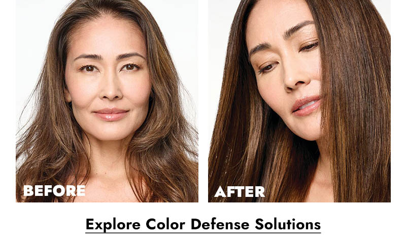 Before and After - Explore Color Defense Solutions. Person with long light brown hair. Before: hair is wavy. After: hair is straight and shiny