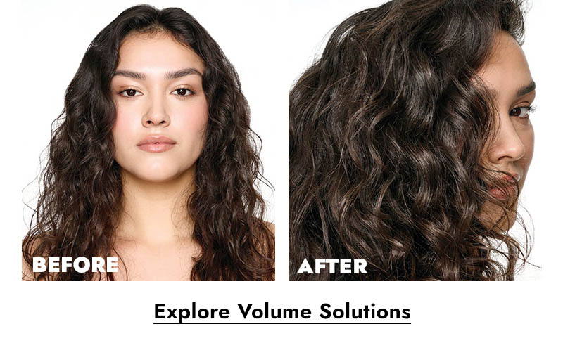 Before and After - Explore Volume Solutions. Person with curly/wavy dark brown hair. Before: hair is limp. After: hair is thick and full of volume.
