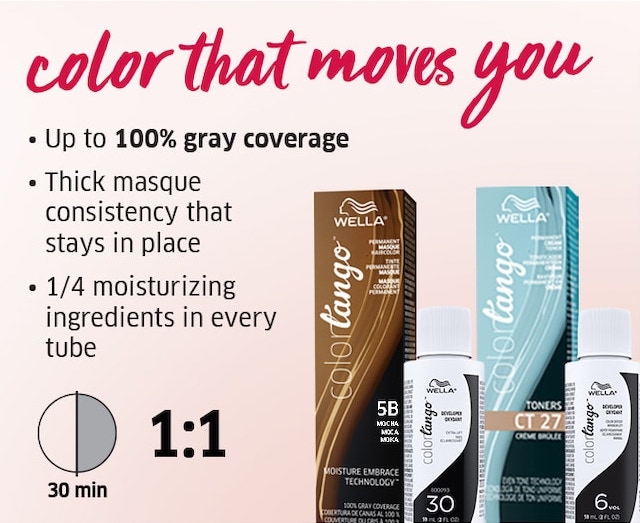 Color that moves you. Up to 100% gray coverage. Thick masque consistency that stays in place. 1/4 moisturing ingredients in every tube. 30min 1:1