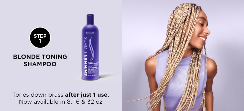 STEP 1 BLONDE TONING SHAMPOO. Tones down brass after just 1 use. Now available in 8, 16 & 32 oz