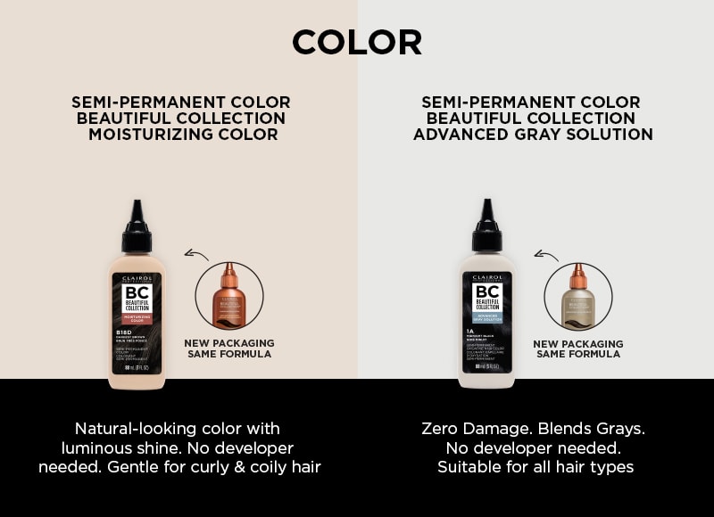 Color - Semi-Permanent color beautiful collection moisturizing color and advanced gray solution. Natural-looking color with luminous shine. No developer needed. Gentle for curly & coily hair. Zero Damage. Blends Grays. No developer needed. Suitable for all hair types.