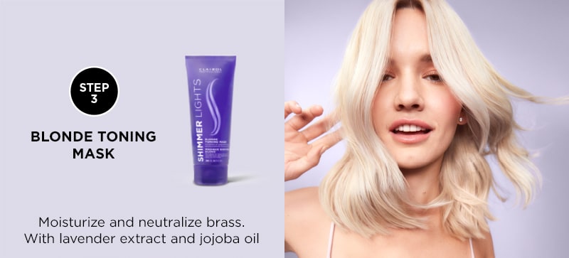 STEP 3 BLONDE TONING MASK. Moisturize and neutralize brass. With lavender extract and jojoba oil
