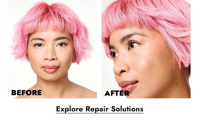 Before and After - Explore Repair Solutions. Person with short pink ear length bob and bangs hairstyle