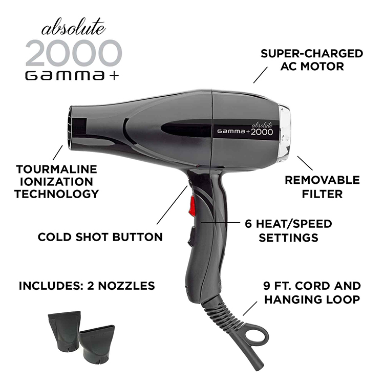 Absolute 2000 Gamma+. Super-charged ac motor, tourmaline ionization technology, cold-shot button, includes 2 nozzles, 9 foot cord and hanging loop, 6 heat/speed settings, removable filter.