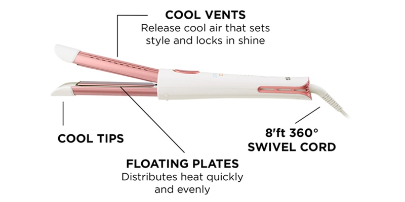 Breezy Curl 2-in-1 Styler with features diagram - Cool Tips, Floating Plates: Distributes heat quickly and evenly, 8'ft 360&deg; Swivel Cord, Cool Vents: Release cool air that sets style and locks in shine.