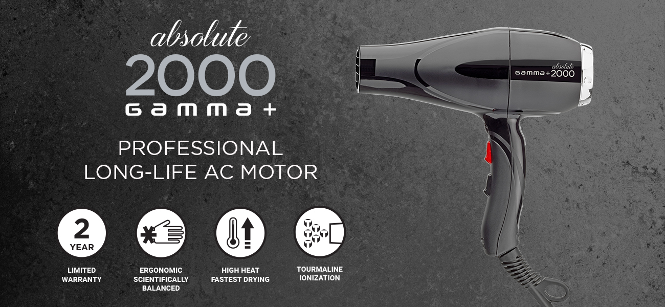 Absolute 2000 Gamma+ - professional long life ac motor. 2 year limited warranty, ergonomic scientifically balanced, high heat fastest drying, tourmaline ionization.