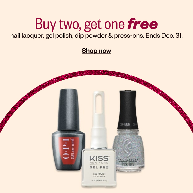 Buy two, get one free nail lacquer, gel polish, dip powder & press-ons