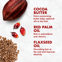 Cocoa Butter's extra moisture helps replinish oils to dry hair. Red Palm Oil is rich in antioxidants and vitamins. Flaxseed Oil nourishes hair at the root and improves elasticity.