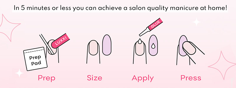 In 5 minutes or less you can achieve a salon quality manicure at home! Prep, size, apply and press