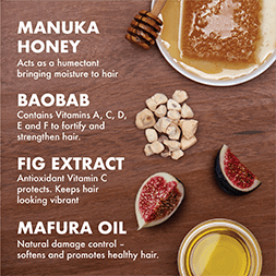 Manuka Honey acts as a humectant, bringing moisture to hair. Baobab containes Vitamins A, C, D, E, and F to fortify and strengthen hair. Fig Extract uses antioxidant Vitamin C to protect, keeping hair looking vibrant. Mafura Oil's natural damage control softens and promotes healthy hair.