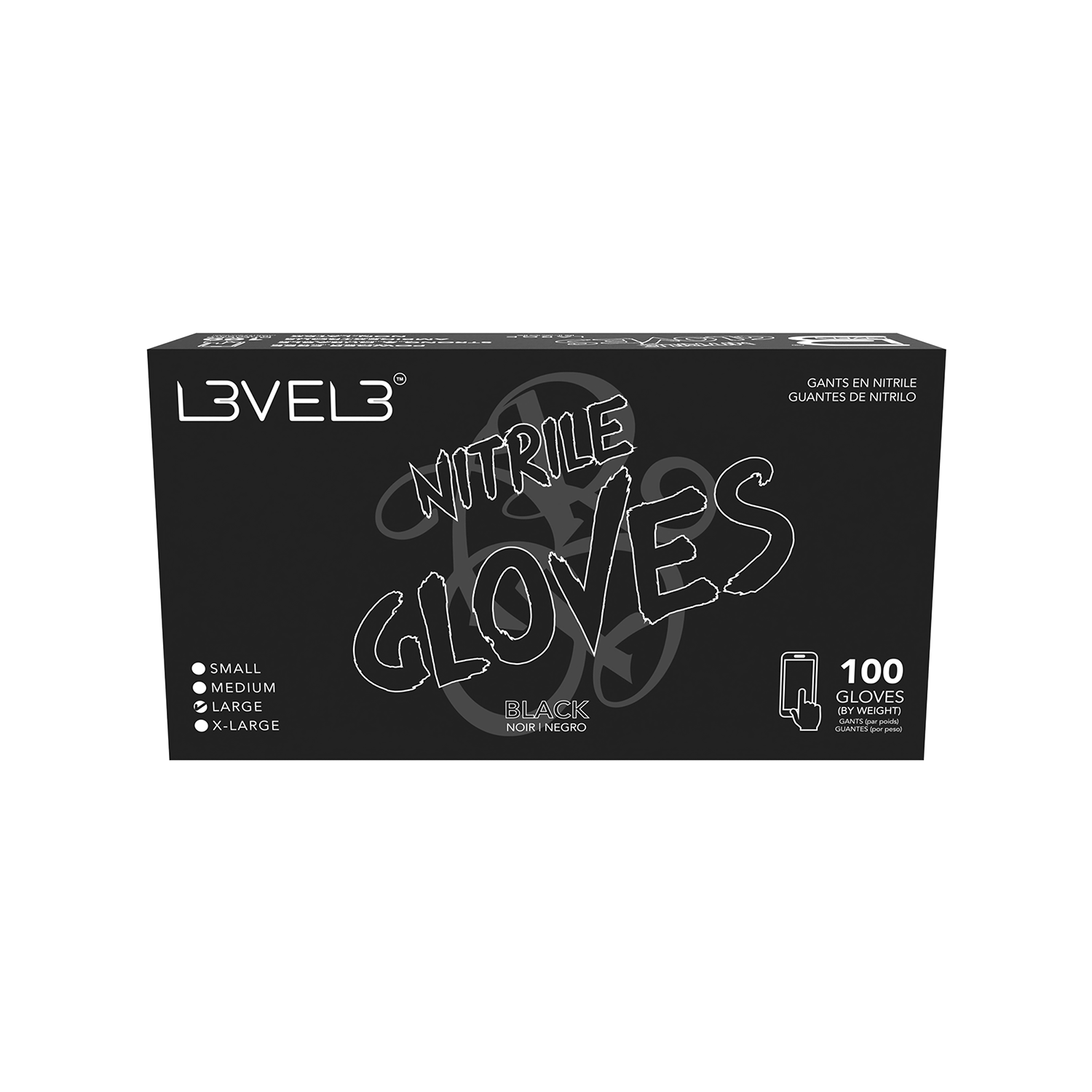 Level 3 Professional Nitrile Gloves, Black, Large (100pcs), 3 Pack